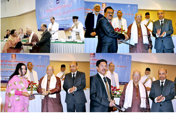 A few snapshots of awards distribution among the Awardees of IBFB’s Successful Small Entrepreneurs Award-2014. (From the top left to right round the clockwise) Mrs. Tanuja Rahman, Mr. Md. Faizur Rahman, Mr. Md. Shahedul Islam and Mrs. Parvin Akhter are receiving the Awards and Certificates from the Hon’ble Finance Minister Mr. AMA Muhith, MP. Mr. Hafizur Rahman Khan, President of IBFB is also seen with the Finance Minister and awardees.